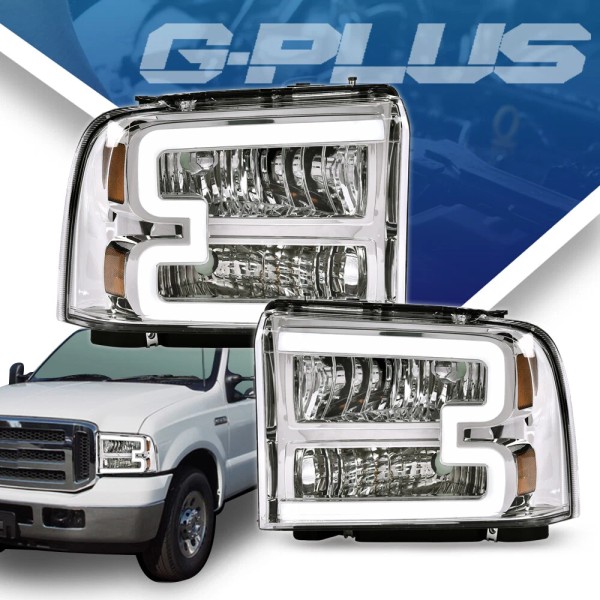 gplusmotor LED DRL Clear/Chrome Headlights Fit For 2005-2007 Ford F250
