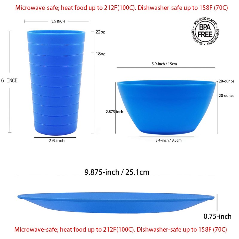 Plastic Dinnerware set, Unbreakable and Reusable Plastic Plate, Bowl and