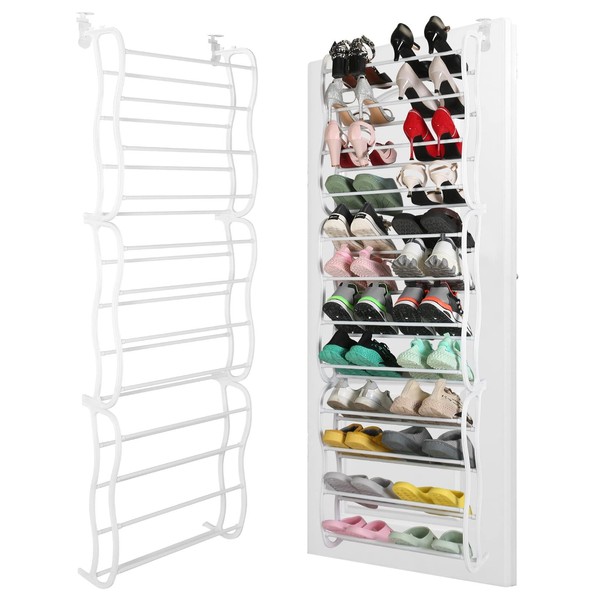 KOCASO Over The Door Shoe Rack Organizer - 36 Pair Shoes Wall Hanging Closet Shoe Rack Shelf 12Layers Storage Stand with Hooks-US Spot (White)