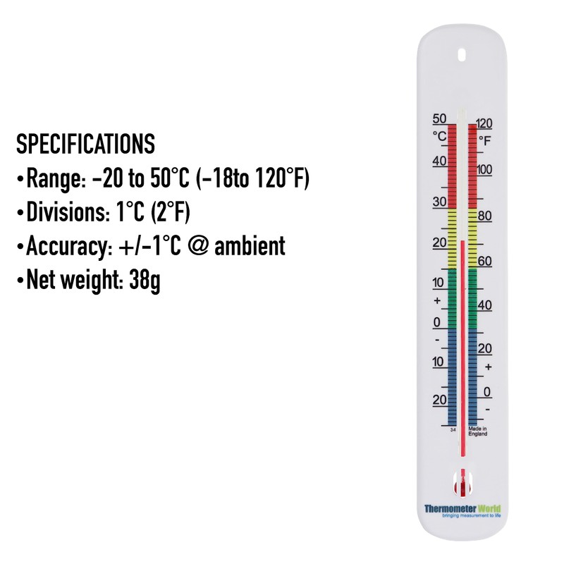 Wall Thermometer 215mm - Colour Coded Room Thermometer - Made