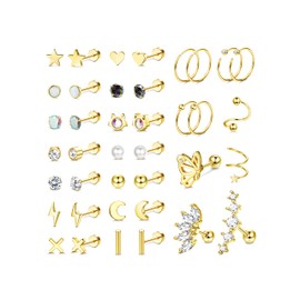 kakonia Titanium Stud Earrings for Sensitive Ears, Opal Cubic Zirconia Moonstone Onyx Cartilage Nap Earrings for Women Men, Hypoallergenic 20G Flat Back Earrings Round 4mm