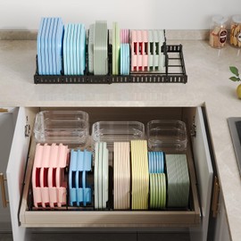 Expandable Food Container Lid Organizer,Large Capacity Adjustable 8 Dividers Detachable Lid Organizer Rack for Cabinets, Cupboards, Pantry Shelves, Drawers Keep Kitchen Tidy,Black 10.2”wide,3.6 Pound.