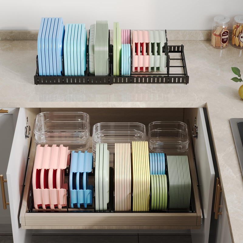 Expandable Food Container Lid Organizer,Large Capacity Adjustable 8 Dividers Detachable