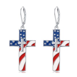 YYmqmq American Flag Earrings for Women 925 Sterling Silver 4th of July Cross Dangle Earrings Leverback Independence Day Jewelry Catholic Gifts for Women Girlfriend Mom