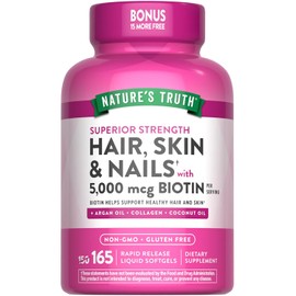 Natures Truth Vitamina para cabello, piel y uas, 5000 mcg de biotina, 165 cpsulas blandas, con colgeno, suplemento sin OMG y sin gluten               
