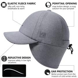 GADIEMKENSD Women's Fleece Ponytail Hat Reflective Winter Hat with Earflaps Trapper Hat with Flip Down Ear Warmer Adjustable Ball Cap with Visor Beanie for Skiing Skating Snow Running Light Grey