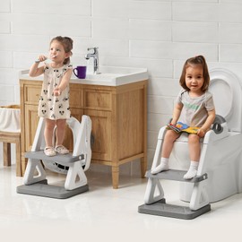 Potty Training Toilet Seat with Step Stool Ladder for Boys and Girls, 2 in 1 Potty Training Toilet, Splash Guard Anti-Slip Pad Step Stool（Gray-White) Pedal Upgrade