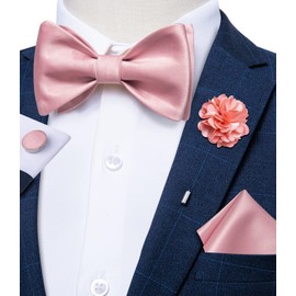 DiBanGu Pink Bow Ties for Men Satin Self-tied Bowtie Set Wedding Bow Tie with Pocket Square Lapel Pin Cufflinks