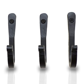 Stur-De Decorative Wrought Iron Hooks for Wall - Heavy Duty Black Hooks for Hanging Coats, Bags, Hats and Towels, Rusic Wall Hangers - 3.75 x 0.5 x 2 Inch (Black, 3 Units)