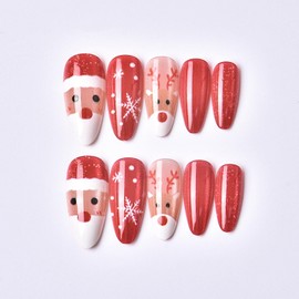 24Pcs Christmas Press on Nails Red Cat Eye Medium Almond Fake Nails with Santa Claus Design Elk Glue on Nail Snowflakes False Nail Press ons Reusable Christmas Nails for Women Girls Manicure