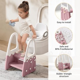 Two Step Stool with Handrails for Toddler and Kids, Standing Learning Stool Tower for Bathroom Sink, Potty Training, Children Step Up Learning Helper with Handles (Pink-White)