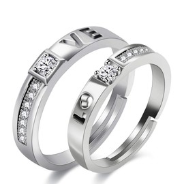 Uloveido Double Hollow Love Initial Puzzle Matching Wedding Band Adjustable Promise Rings Set for Women and Men Anniversary Presents for Husband and Wife LB022(Style 6)