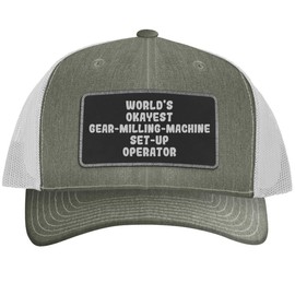 World's Okayest Gear-Milling-Machine Set-Up Operator - Leather Black Patch Engraved Trucker Hat, Heather-White, One Size