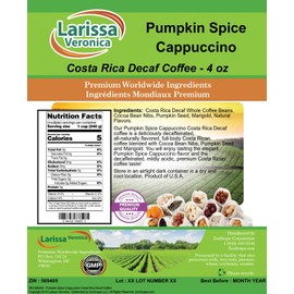 Pumpkin Spice Cappuccino Costa Rica Decaf Coffee (Gourmet, Naturally Flavored, Whole Coffee Beans) (4 oz, ZIN: 569405)