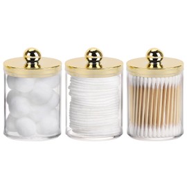 Tbestmax 10oz Qtips Holder - Plastic Apothecary Jar with Gold Lids for Cotton Swab, Cotton Round Pads, Floss - Gold