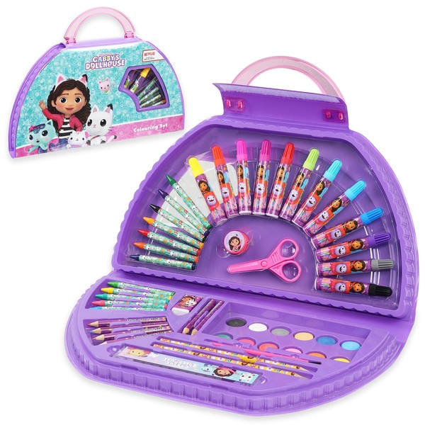 Gabby's Dollhouse Art Set Kids Colouring Set Drawing Painting Sets for Children 40+ Pieces Stationery Set Colouring Pencils Felt Tip Pens Paint Art Supplies Gifts for Girls (Purple Halfmoon Set)