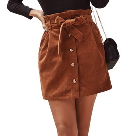 Susupeng Women Paperbag High Waist Elastic Belted Corduroy Button Front with Pockets Short Mini Skirt(Large, Brown)