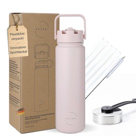 Abjoki Stainless Steel Drinking Bottle "Neo" 710 ml - Baby Pink - Double-Walled & Vacuum Insulated - Thermal Flask - BPA-Free Leak-Proof - Plus Two-in-One Lid with Straw and Drinking Opening