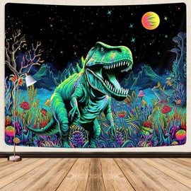 Cool Dinosaur Tapestry, Fantasy Neon Funny Dino Frog Mountain Art Tapestries,Cute Fairytales T-Rex Galaxy Space Tapestry for Bedroom Boys Kids Men Aesthetics Decor, 60"x40"