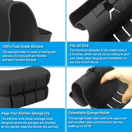 Sponge Holder for Kitchen Sink, Silicone Sink Saddle Caddy Organizer Rack, Sponges Holder Over Faucet, Hanging Kitchen Sink Organizer Accessories Rack Basket-Black