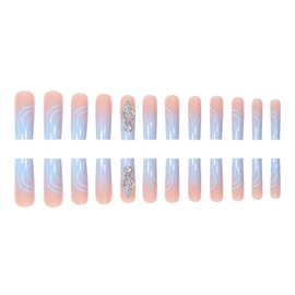 Press on Nails Extra Long Blue Gradient False Nails Blue Lines and Love Heart Rhinestones Design Fake Nails Artificial Acrylic Nails 24Pcs Full Cover Reusable Coffin Nails Glue on Nails for Women