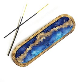 CHAKRIK12 Length Incense Stick Holder with 2 Holes, Incense Ash Cather for Counters, Meditation Room, Yoga, Home, Office, (Blue & Golden)