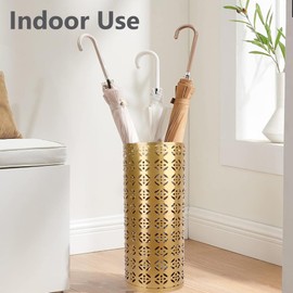 Heayzoki Umbrella Stand, Umbrella Holder for Entryway, Round Proof Waterproof Hollow Metal Umbrella Holder Bin for Home Entryway (Gold)