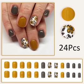 24Pcs Fall Press on Nails Short Square Fake Nails with Floral Designs Yellow Nails Press ons Grey Acrylic Nails Cute Autumn Leaves False Nails Stick on Nails for Women Girls Autumn Winter Manicure