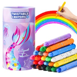 JYPS Mermaid Washable Wax Crayons for Toddlers from 1-3 Years, 24 Colours, Washable Twistable Colouring Pens with Pen Holder, Non-Toxic Colouring Pencils, Painting Accessories for School and Art from