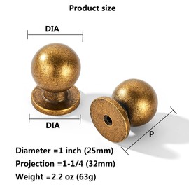 khtumeware 10 Pack 1 Inch (25mm) Diameter Round Solid Vintage Antique Brass Finish Kitchen Cabinet Knobs,Ball Cabinet knobs.