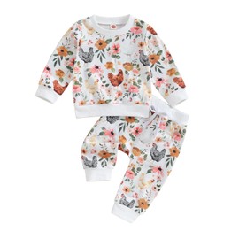 ensswliz Toddler Baby Girl Farm Outfit Chick& Flower Print Long Sleeve Sweatshirt+Jogger/elastic waist pants set Fall Winter 2pcs set Clothes (A-White, 2-3 Years)