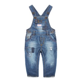 KIDSCOOL SPACE Baby&Little Boys Easy Diaper Changing Snap Legs Patched Ripped Denim Overalls,Blue,2-3 Years