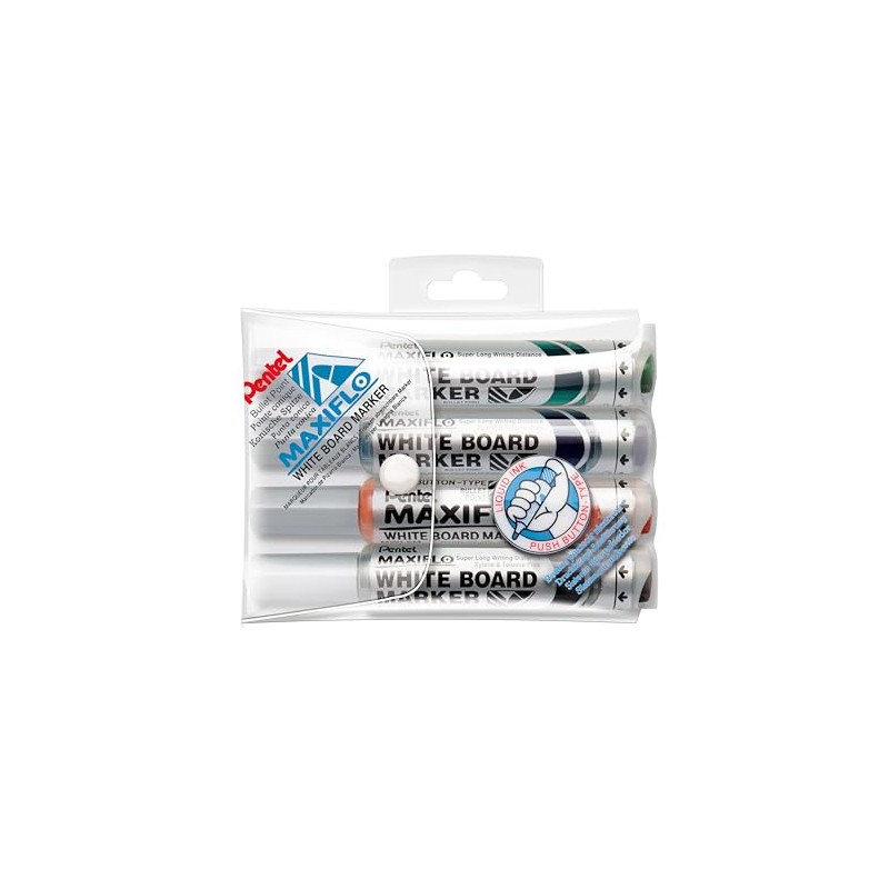 Pentel Maxiflo Pack of 4 Whiteboard Bullet Marker Broad Tip-Black,