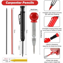 2 Colours Tracer Pencil with Built-in Sharpener, 12 Refill, a center punch for Carpenter Scriber Woodworking Architect Builders（Red, Black