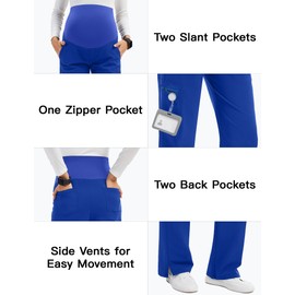 GLAMIX Women's Maternity Scrub Pants Stretchy Straight-Leg Medical Pants with 5 Pockets and Side Vents(Royal Blue, M)