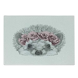 Ambesonne Hedgehog Cutting Board, Greyscale Animal Portrait with Romantic Wreath Hand Drawn Forest Fauna, Decorative Tempered Glass Cutting and Serving Board, Small Size, Pale Grey and Rose
