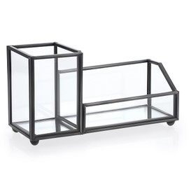 Hipiwe Glass Business Card Holder Metal Pen Pencil Storage Holder for Desk Clear Business Card Display Organizer Case for Office Home,2 Slots,Black