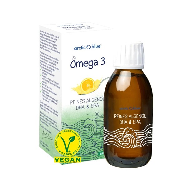 Premium Omega 3 Vegan Algae Oil 150ml - 800mg DHA & 400mg EPA Per Serving - High Dose, Vegan & Liquid - Orange Flavour - Sustainably Produced - arctic blue