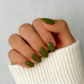 SXVME Uñas postizas cortas de gel suave, 32 piezas, 16 tamaños, verde musgo transparente, ovaladas, reutilizables, con pegamento, almendra natural.