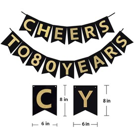 Cheers to 30 40 50 60 70 80 Years Birthday Banner,Happy Birthday Decorations for Men Women Him Her,Sparkle Black Gold Backdrop for Birthday Anniversary Party Supplies (80th)