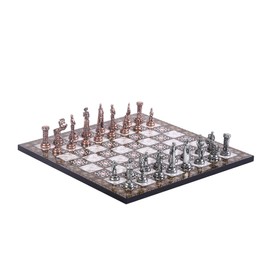 GiftHome Medieval British Army Antique Copper Metal Chess Set for Adults, Handmade Pieces and Mosaic Design Wooden Chess Board King 2.75 inc
