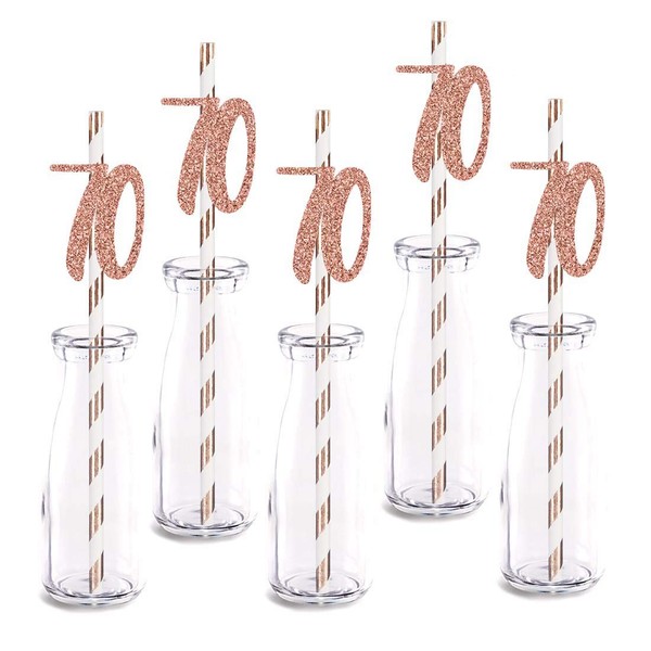 Rose Happy 70th Birthday Straw Decor, Rose Gold Glitter 24pcs Cut-Out Number 70 Party Drinking Decorative Straws, Supplies