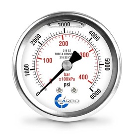 CARBO Instruments 2 1-2" Pressure Gauge, All Stainless Steel Wetted Parts, Case, Connection, Liquid Filled, 0-6000 psi/kPa, Back Mount 1/4" NPT