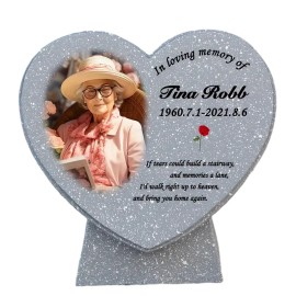 Heart-Themed Hand-painted Resin Statue Memorial Plaque Artistic Decor Photo Poem Detail Outdoor Garden Funeral-Style OrnamentColor: Gray, Size: One Size