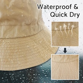 PFFY Quick Dry Waterproof Packable Bucket Hat for Women Men Outdoor Sun Hats with Detachable Chin Strap Khaki (More Loose)