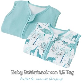 Teechodina Baby Sleeping Bag with Feet, Pack of 2, 100% Cotton, 1.5 Tog, Children's All-Year Sleeping Bag with Legs for Boys and Girls, 1.5 Tog/Blue + Forest Giraffe, 90 cm / Baby Height 100-110 cm