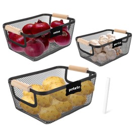 Gdfjiy 3 Pcs Potato and Onion Storage Bin with Garlic Keeper, Potato Bin Onion Holder Garlic Storage with Wooden Handle, Vegetable Storage Metal Mesh Basket for KItchen Pantry Organizers and Storage