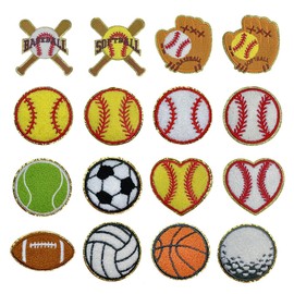 16Pcs Sports Chenille Iron on Patches Baseball Basketball Football Assorted Repair Patches Kit Sew on Embroidered Applique DIY Accessory for Backpack Clothes Pants Hats Jeans (16pcs Sports Patches)