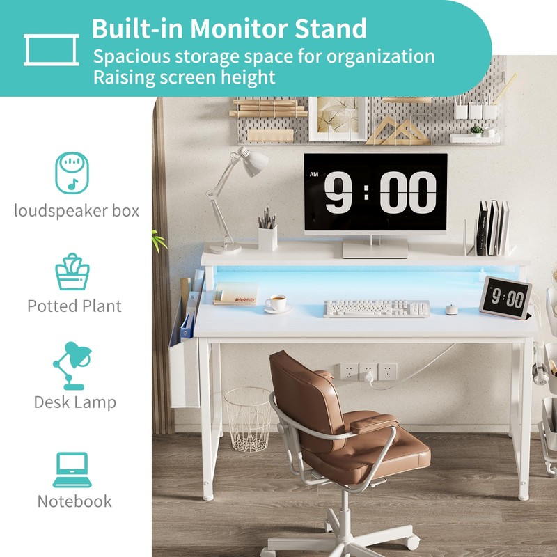 Lufeiya White Computer Desk with LED Lights and Power Outlets,