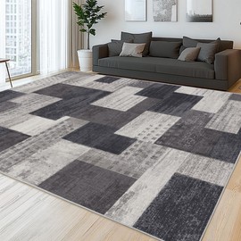 QDUIDU Modern Geometric Patchwork Indoor Area Rug for Living Room, Charcoal 4'x 6' Large Rug Rockwood Collection Hardwood Floors Decor for Bedroom, Grey Throw Carpet for Office Entryway Dining Room